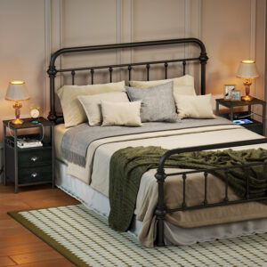 Furologee End Table with Charging Station, Nightstand with Fabric Drawers, Side Tables with USB Ports & Outlets, Night Stand with Storage Shelf & Hooks, for Living Room/Bedroom, White