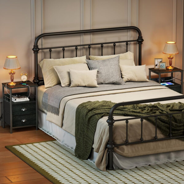 Furologee End Table with Charging Station, Nightstand with Fabric Drawers, Side Tables with USB Ports & Outlets, Night Stand with Storage Shelf & Hooks, for Living Room/Bedroom, White