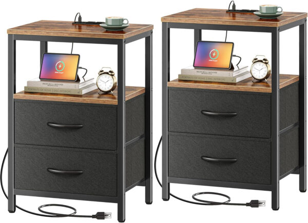 Huuger Nightstand with Charging Station, Side Table with Fabric Drawers, End Table with Open Shelf, Bedside Table with USB Ports and Outlets, Night Stand for Bedroom, Rustic Brown and Black