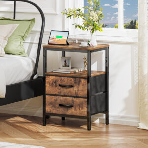 Huuger Nightstand with Charging Station, Side Table with Fabric Drawers, End Table with Open Shelf, Bedside Table with USB Ports and Outlets, Night Stand for Bedroom, Rustic Brown and Black