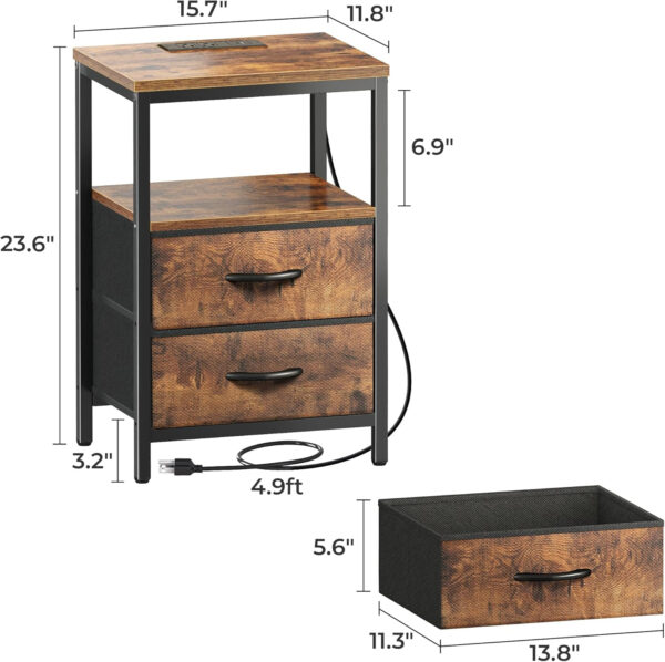Huuger Nightstand with Charging Station, Side Table with Fabric Drawers, End Table with Open Shelf, Bedside Table with USB Ports and Outlets, Night Stand for Bedroom, Rustic Brown and Black
