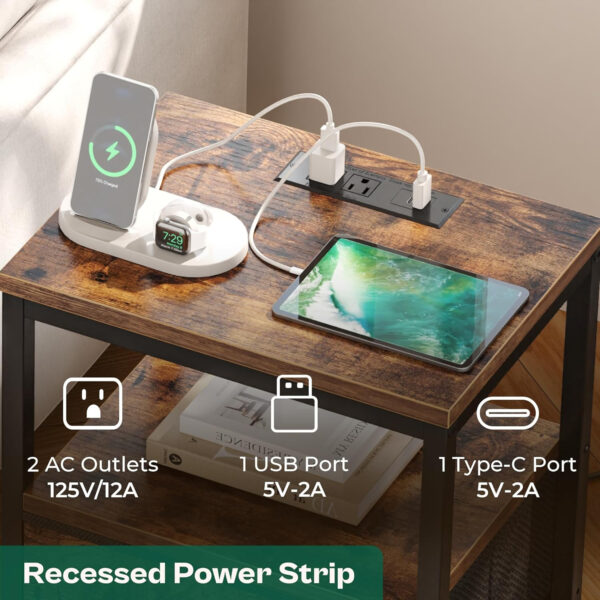 Huuger Nightstand with Charging Station, Side Table with Fabric Drawers, End Table with Open Shelf, Bedside Table with USB Ports and Outlets, Night Stand for Bedroom, Rustic Brown and Black