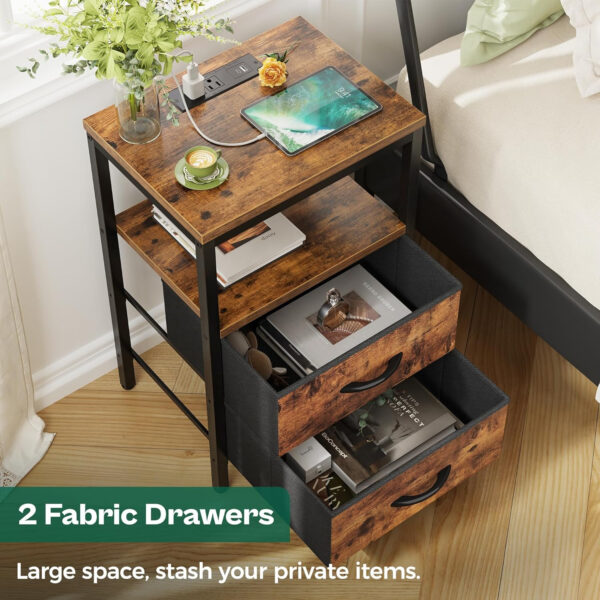 Huuger Nightstand with Charging Station, Side Table with Fabric Drawers, End Table with Open Shelf, Bedside Table with USB Ports and Outlets, Night Stand for Bedroom, Rustic Brown and Black