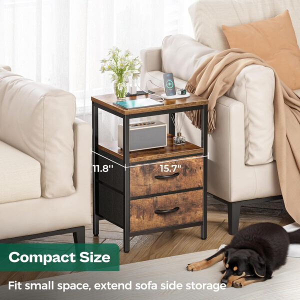 Huuger Nightstand with Charging Station, Side Table with Fabric Drawers, End Table with Open Shelf, Bedside Table with USB Ports and Outlets, Night Stand for Bedroom, Rustic Brown and Black