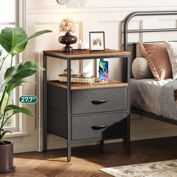 Huuger Nightstand with Charging Station, Side Table with Fabric Drawers, End Table with Open Shelf, Bedside Table with USB Ports and Outlets, Night Stand for Bedroom, Rustic Brown and Black
