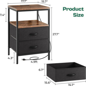 Huuger Nightstand with Charging Station, Side Table with Fabric Drawers, End Table with Open Shelf, Bedside Table with USB Ports and Outlets, Night Stand for Bedroom, Rustic Brown and Black
