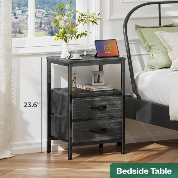 Huuger Nightstand with Charging Station, Side Table with Fabric Drawers, End Table with Open Shelf, Bedside Table with USB Ports and Outlets, Night Stand for Bedroom, Rustic Brown and Black