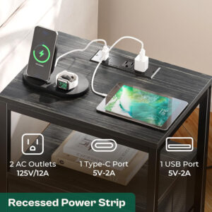 Huuger Nightstand with Charging Station, Side Table with Fabric Drawers, End Table with Open Shelf, Bedside Table with USB Ports and Outlets, Night Stand for Bedroom, Rustic Brown and Black