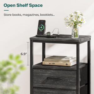 Huuger Nightstand with Charging Station, Side Table with Fabric Drawers, End Table with Open Shelf, Bedside Table with USB Ports and Outlets, Night Stand for Bedroom, Rustic Brown and Black