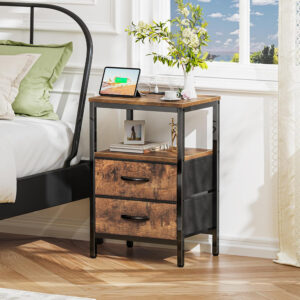 Huuger Nightstand with Charging Station, Side Table with Fabric Drawers, End Table with Open Shelf, Bedside Table with USB Ports and Outlets, Night Stand for Bedroom, Rustic Brown and Black