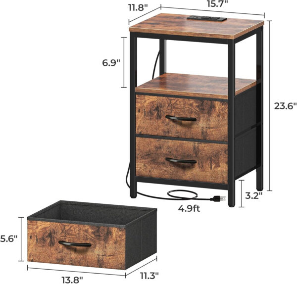 Huuger Nightstand with Charging Station, Side Table with Fabric Drawers, End Table with Open Shelf, Bedside Table with USB Ports and Outlets, Night Stand for Bedroom, Rustic Brown and Black