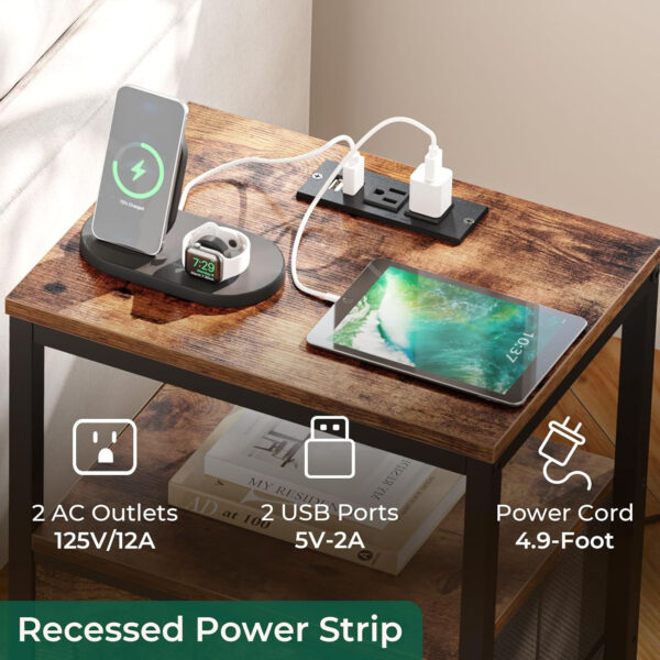 Huuger Nightstand with Charging Station, Side Table with Fabric Drawers, End Table with Open Shelf, Bedside Table with USB Ports and Outlets, Night Stand for Bedroom, Rustic Brown and Black