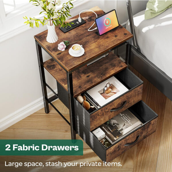 Huuger Nightstand with Charging Station, Side Table with Fabric Drawers, End Table with Open Shelf, Bedside Table with USB Ports and Outlets, Night Stand for Bedroom, Rustic Brown and Black