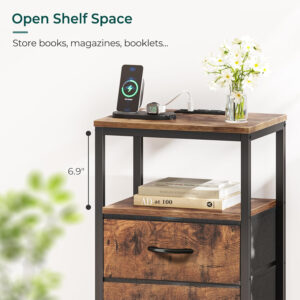 Huuger Nightstand with Charging Station, Side Table with Fabric Drawers, End Table with Open Shelf, Bedside Table with USB Ports and Outlets, Night Stand for Bedroom, Rustic Brown and Black