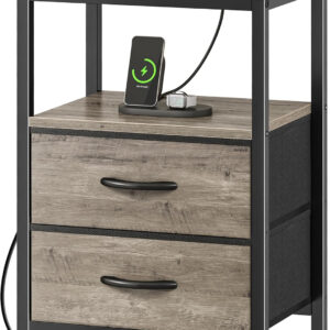 Huuger Nightstand with Charging Station, Side Table with Fabric Drawers, End Table with Open Shelf, Bedside Table with USB Ports and Outlets, Night Stand for Bedroom, Rustic Brown and Black