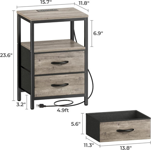 Huuger Nightstand with Charging Station, Side Table with Fabric Drawers, End Table with Open Shelf, Bedside Table with USB Ports and Outlets, Night Stand for Bedroom, Rustic Brown and Black
