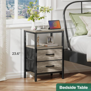 Huuger Nightstand with Charging Station, Side Table with Fabric Drawers, End Table with Open Shelf, Bedside Table with USB Ports and Outlets, Night Stand for Bedroom, Rustic Brown and Black