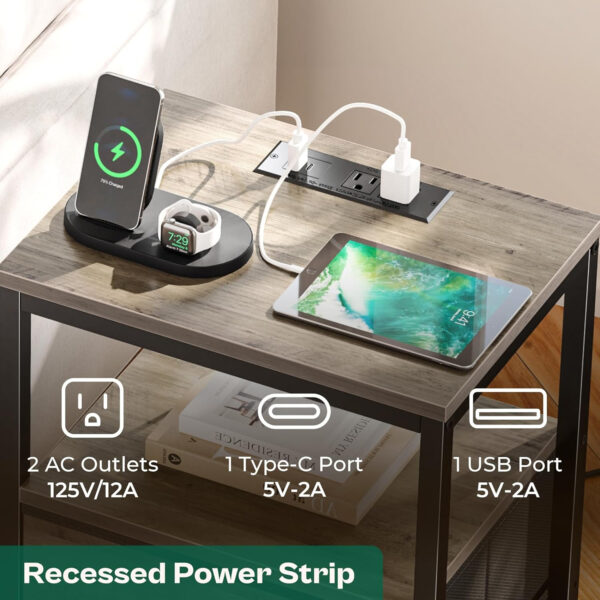 Huuger Nightstand with Charging Station, Side Table with Fabric Drawers, End Table with Open Shelf, Bedside Table with USB Ports and Outlets, Night Stand for Bedroom, Rustic Brown and Black