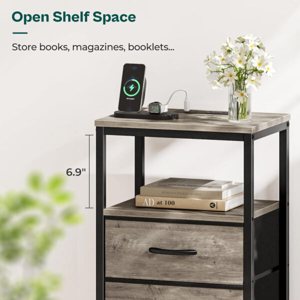Huuger Nightstand with Charging Station, Side Table with Fabric Drawers, End Table with Open Shelf, Bedside Table with USB Ports and Outlets, Night Stand for Bedroom, Rustic Brown and Black