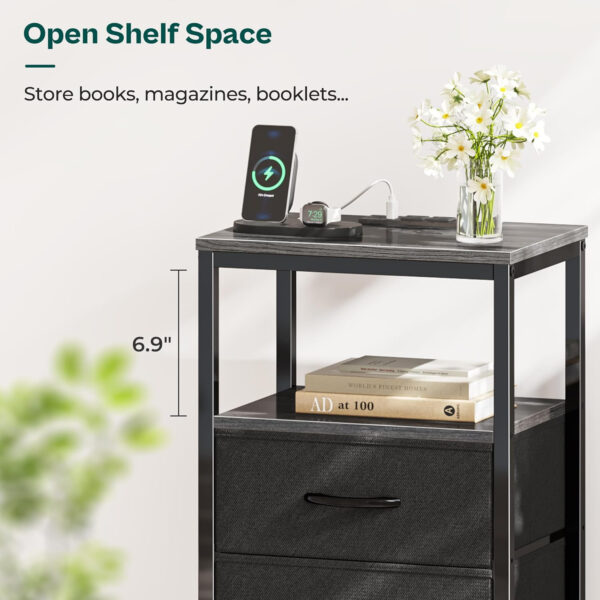Huuger Nightstand with Charging Station, Side Table with Fabric Drawers, End Table with Open Shelf, Bedside Table with USB Ports and Outlets, Night Stand for Bedroom, Rustic Brown and Black