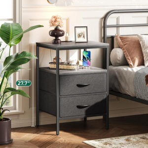 Huuger Nightstand with Charging Station, Side Table with Fabric Drawers, End Table with Open Shelf, Bedside Table with USB Ports and Outlets, Night Stand for Bedroom, Rustic Brown and Black