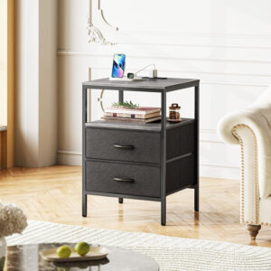Huuger Nightstand with Charging Station, Side Table with Fabric Drawers, End Table with Open Shelf, Bedside Table with USB Ports and Outlets, Night Stand for Bedroom, Rustic Brown and Black