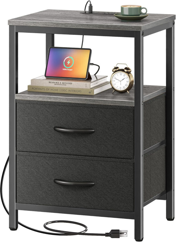 Huuger Nightstand with Charging Station, Side Table with Fabric Drawers, End Table with Open Shelf, Bedside Table with USB Ports and Outlets, Night Stand for Bedroom, Rustic Brown and Black
