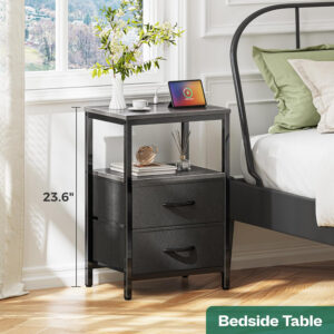 Huuger Nightstand with Charging Station, Side Table with Fabric Drawers, End Table with Open Shelf, Bedside Table with USB Ports and Outlets, Night Stand for Bedroom, Rustic Brown and Black