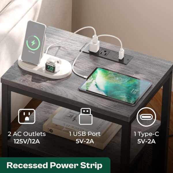 Huuger Nightstand with Charging Station, Side Table with Fabric Drawers, End Table with Open Shelf, Bedside Table with USB Ports and Outlets, Night Stand for Bedroom, Rustic Brown and Black