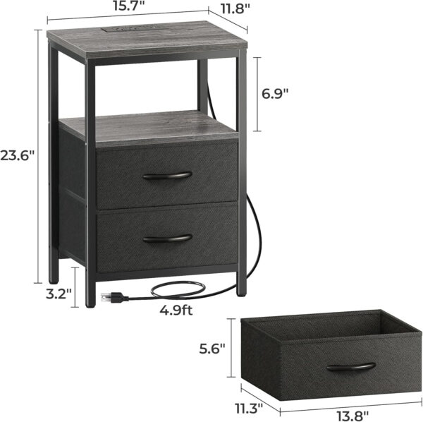 Huuger Nightstand with Charging Station, Side Table with Fabric Drawers, End Table with Open Shelf, Bedside Table with USB Ports and Outlets, Night Stand for Bedroom, Rustic Brown and Black