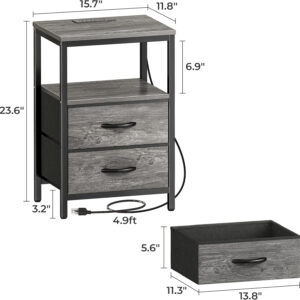 Huuger Nightstand with Charging Station, Side Table with Fabric Drawers, End Table with Open Shelf, Bedside Table with USB Ports and Outlets, Night Stand for Bedroom, Rustic Brown and Black
