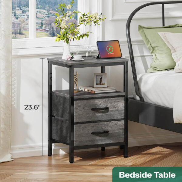 Huuger Nightstand with Charging Station, Side Table with Fabric Drawers, End Table with Open Shelf, Bedside Table with USB Ports and Outlets, Night Stand for Bedroom, Rustic Brown and Black