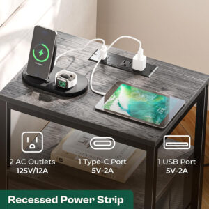 Huuger Nightstand with Charging Station, Side Table with Fabric Drawers, End Table with Open Shelf, Bedside Table with USB Ports and Outlets, Night Stand for Bedroom, Rustic Brown and Black