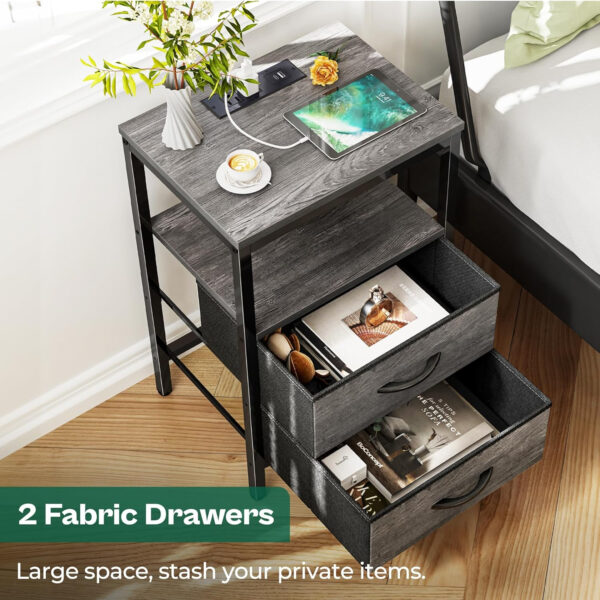 Huuger Nightstand with Charging Station, Side Table with Fabric Drawers, End Table with Open Shelf, Bedside Table with USB Ports and Outlets, Night Stand for Bedroom, Rustic Brown and Black