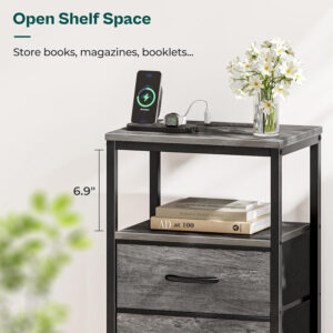 Huuger Nightstand with Charging Station, Side Table with Fabric Drawers, End Table with Open Shelf, Bedside Table with USB Ports and Outlets, Night Stand for Bedroom, Rustic Brown and Black