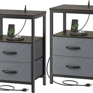 Huuger Nightstand with Charging Station, Side Table with Fabric Drawers, End Table with Open Shelf, Bedside Table with USB Ports and Outlets, Night Stand for Bedroom, Rustic Brown and Black