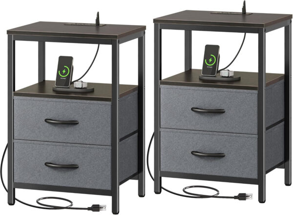 Huuger Nightstand with Charging Station, Side Table with Fabric Drawers, End Table with Open Shelf, Bedside Table with USB Ports and Outlets, Night Stand for Bedroom, Rustic Brown and Black