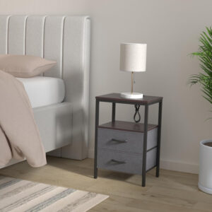 Huuger Nightstand with Charging Station, Side Table with Fabric Drawers, End Table with Open Shelf, Bedside Table with USB Ports and Outlets, Night Stand for Bedroom, Rustic Brown and Black