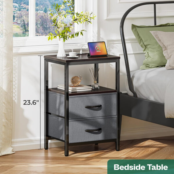 Huuger Nightstand with Charging Station, Side Table with Fabric Drawers, End Table with Open Shelf, Bedside Table with USB Ports and Outlets, Night Stand for Bedroom, Rustic Brown and Black