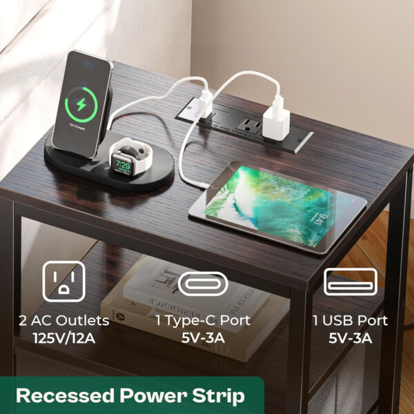 Huuger Nightstand with Charging Station, Side Table with Fabric Drawers, End Table with Open Shelf, Bedside Table with USB Ports and Outlets, Night Stand for Bedroom, Rustic Brown and Black