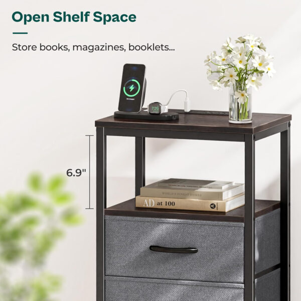 Huuger Nightstand with Charging Station, Side Table with Fabric Drawers, End Table with Open Shelf, Bedside Table with USB Ports and Outlets, Night Stand for Bedroom, Rustic Brown and Black