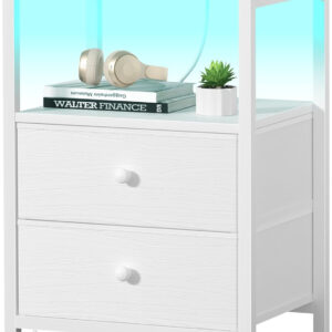 BOLUO White Nightstand with Charging Station, LED Night Stand with 2 Fabric Drawers, Bedside Table with USB Ports and Outlets, Nightstand for Bedroom Modern