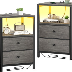 BOLUO White Nightstand with Charging Station, LED Night Stand with 2 Fabric Drawers, Bedside Table with USB Ports and Outlets, Nightstand for Bedroom Modern