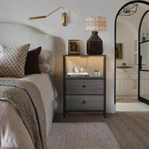 BOLUO White Nightstand with Charging Station, LED Night Stand with 2 Fabric Drawers, Bedside Table with USB Ports and Outlets, Nightstand for Bedroom Modern