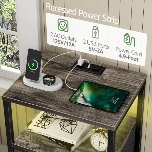 BOLUO White Nightstand with Charging Station, LED Night Stand with 2 Fabric Drawers, Bedside Table with USB Ports and Outlets, Nightstand for Bedroom Modern