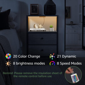 BOLUO White Nightstand with Charging Station, LED Night Stand with 2 Fabric Drawers, Bedside Table with USB Ports and Outlets, Nightstand for Bedroom Modern