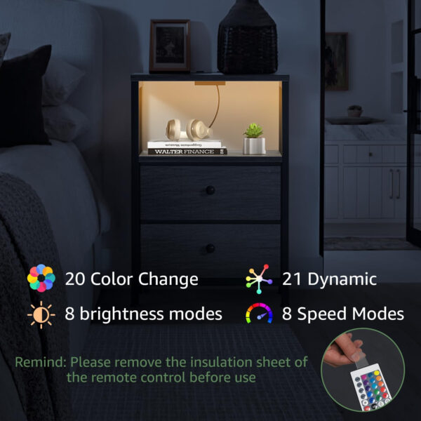 BOLUO White Nightstand with Charging Station, LED Night Stand with 2 Fabric Drawers, Bedside Table with USB Ports and Outlets, Nightstand for Bedroom Modern