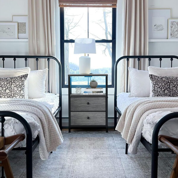 BOLUO White Nightstand with Charging Station, LED Night Stand with 2 Fabric Drawers, Bedside Table with USB Ports and Outlets, Nightstand for Bedroom Modern