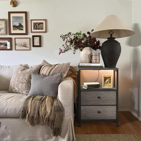 BOLUO White Nightstand with Charging Station, LED Night Stand with 2 Fabric Drawers, Bedside Table with USB Ports and Outlets, Nightstand for Bedroom Modern