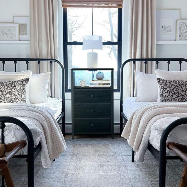 BOLUO White Nightstand with Charging Station, LED Night Stand with 2 Fabric Drawers, Bedside Table with USB Ports and Outlets, Nightstand for Bedroom Modern